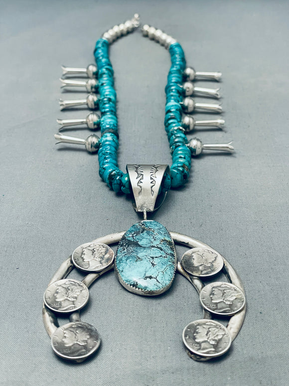 Huge Native American Navajo Turquoise Sterling Silver Coin Squash Blossom Necklace-Nativo Arts