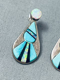 Detailed Vintage Navojo Opal Turquoise Inlay Sterling Silver Earrings-Nativo Arts