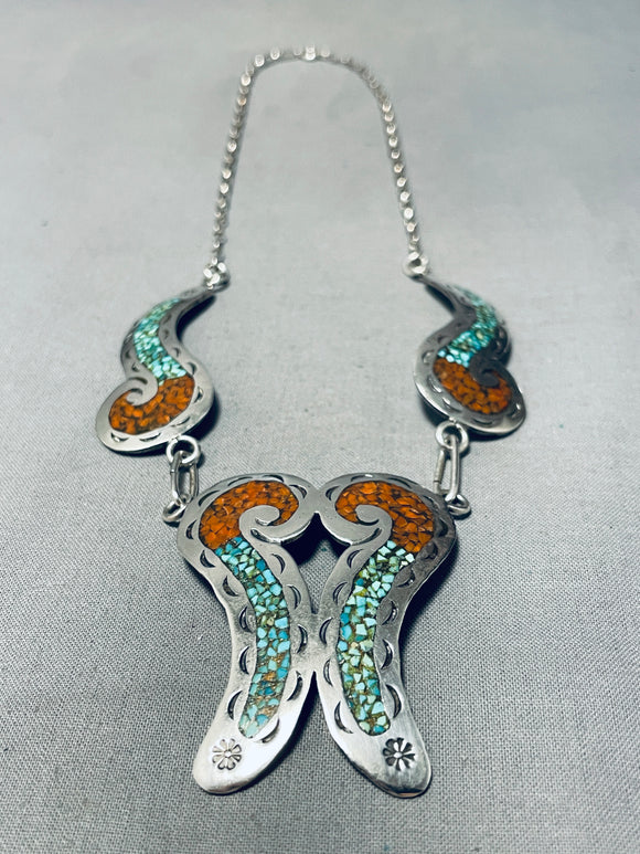 Angelic Wings Vintage Native American Navajo Turquoise Coral Inlay Sterling Silver Necklace Old-Nativo Arts