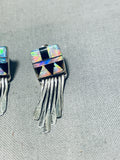 Dazzling Vintage Native American Zuni Inlay Opal Jet Square Sterling Silver Earrings-Nativo Arts