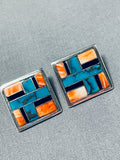 Very Intricate Vintage Native American Navajo Turquoise Shell Sterling Silver Inlay Earrings-Nativo Arts