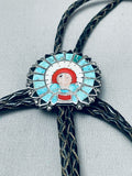 Early 1900's Vintage Native American Zuni Turquoise Inlay Chief Sterling Silver Bolo Tie-Nativo Arts