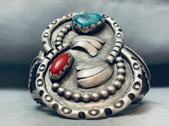 Huge Vintage Native American Navajo Turquoise Coral Sterling Silver Bracelet Cuff-Nativo Arts