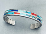 6.5 Inch Wrist Vintage Native American Zuni Turquoise Inlay Sterling Silver Bracelet-Nativo Arts