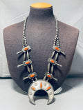 Dropdead Fab Vintage Native American Navajo Coral Sterling Silver Squash Blossom Necklace-Nativo Arts