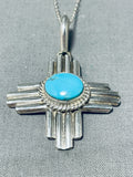 Robert Yellowhorse Native American Navajo Blue Gem Turquoise Sterling Silver Zia Necklace-Nativo Arts