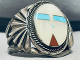 Native American Kachina Head Vintage Navajo Turquoise Inlay Sterling Silver Bracelet Old-Nativo Arts