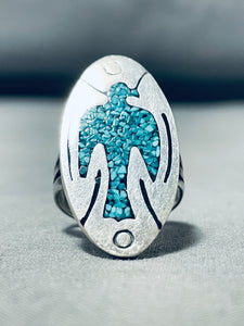 Classic Vintage Native American Navajo Turquoise Chip Inlay Sterling Silver Bird Ring-Nativo Arts
