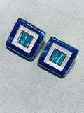 Dazzling Native American Navajo Inlay Lapis Opal Mother Of Pearl Sterling Silver Square Earrings-Nativo Arts