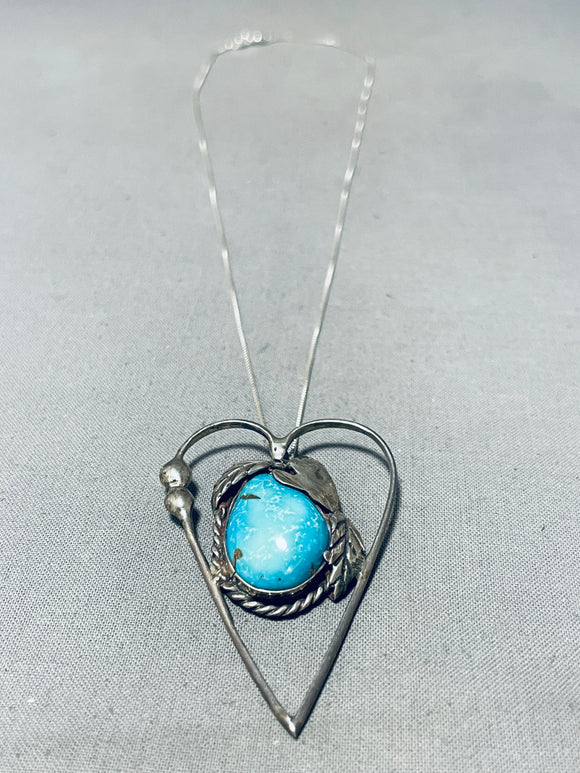 Lovely Vintage Native American Navajo Morenci Turquoise Sterling Silver Heart Necklace-Nativo Arts