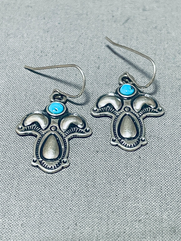 Pretty Vintage Native American Navajo Blue Gem Turquoise Sterling Silver Cross Earrings Signed-Nativo Arts
