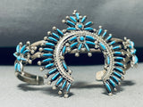 So Unique!! Squash Blossom Naja Vintage Native American Zuni Turquoise Sterling Silver Bracelet-Nativo Arts