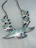 Nezzie Vintage Native American Navajo Eagle Turquoise Inlay Sterling Silver Necklace-Nativo Arts