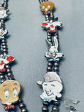Looney Tunes Old Zuni Turquoise Sterling Silver Inlay Squash Blossom Necklace-Nativo Arts