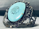 Hand Carved Indian Head Vintage Native American Navajo Turquoise Sterling Silver Bracelet-Nativo Arts