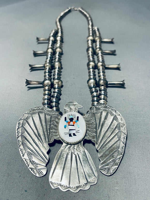 Huge Native American Navajo Kachina Dancer Turquoise Sterling Silver Squash Blossom Necklace-Nativo Arts