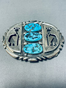 Hand Carved Vintage Native American Navajo Turquoise Sterling Silver Buckle Heavy-Nativo Arts