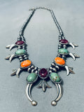 Native American Womens Green Turquoise Vintage Sterling Silver Squash Blossom Necklace