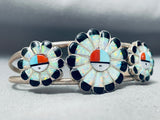 Detailed Vintage Native American Navajo Opal Inlay Sterling Silver Sun Bracelet