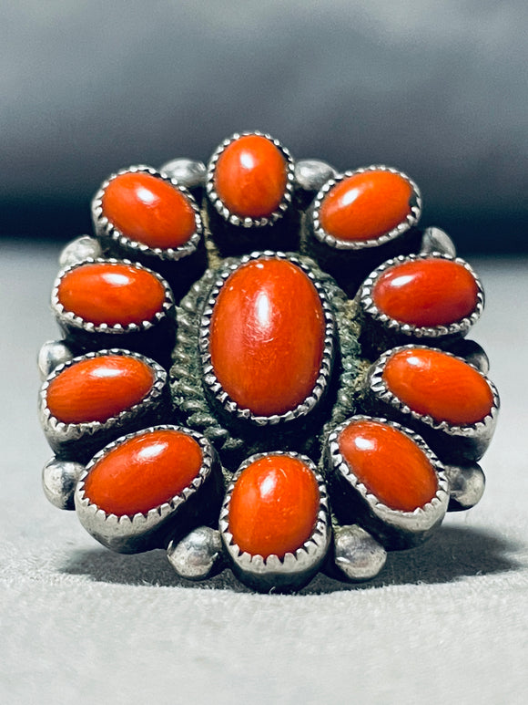 Peggy Boggus Huge Vintage Native American Navajo Coral Sterling Silver Cluster Ring-Nativo Arts