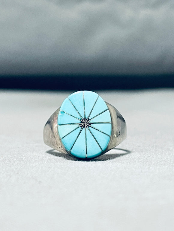 Unique Vintage Native American Zuni Blue Gem Turquoise Sterling Silver Ring-Nativo Arts