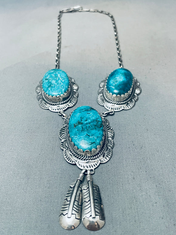 Chunky Vintage Native American Navajo Blue Diamond Turquoise Sterling Silver Necklace-Nativo Arts