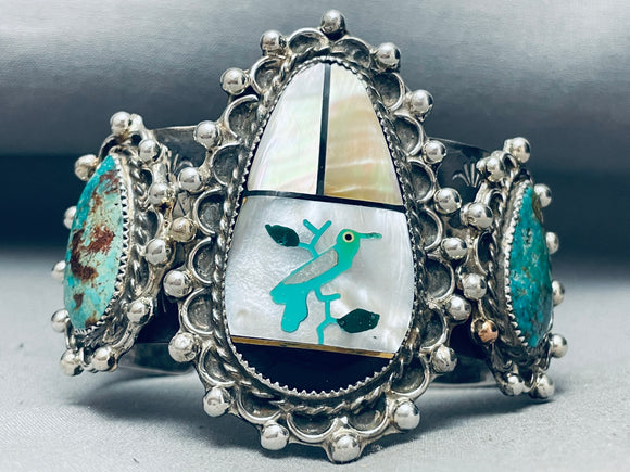 Heavy 151 Grams Vintage Native American Navajo Turquoise Bird Inlay Sterling Silver Bracelet-Nativo Arts