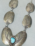 Signed And Detailed Vintage Native American Navajo Turquoise Sterling Silver Leaf Necklace-Nativo Arts