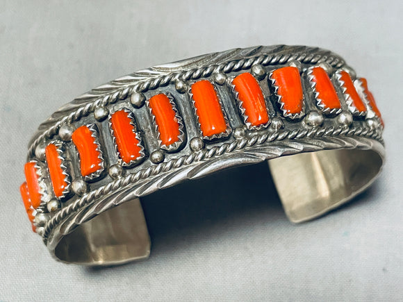 Dee Brown! Vintage Native American Navajo Coral Sterling Silver Wave Bracelet-Nativo Arts