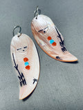 Spectacular Native American Zuni Large Shell Turquoise Coral Corn Maiden Earrings-Nativo Arts