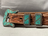 Early 1900's Vintage Native American Navajo Turquoise Inlay Sterling Silver Ranger Buckle Belt