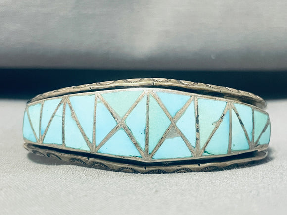 Important Hl Zunie Vintage Native American Zuni Turquoise Inlay Sterling Silver Bracelet-Nativo Arts