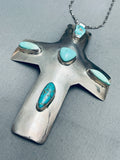 Gigantic Vintage Native American Navajo Hand Tooled Sterling Silver Turquoise Cross Necklace-Nativo Arts