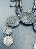 Authentic Native American Navajo Sterling Silver Coin Squash Blossom Necklace-Nativo Arts