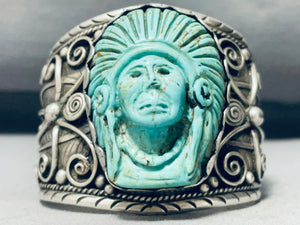 Gasp! 145 Gram Hand Carved Chief Navajo Turquoise Sterling Silver Bracelet-Nativo Arts