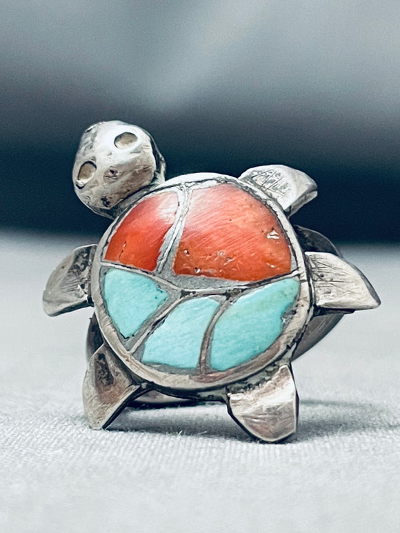 Cute Intricate Vintage Native American Zuni Turtle Turquoise Coral Inlay Sterling Silver Ring-Nativo Arts