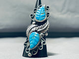 Best Vintage Navajo Hand Carved Leaf Turquoise Sterling Silver Ring Old-Nativo Arts