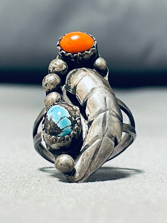 Bisbee Turquoise Old Mine!! Vintage Native American Navajo Coral Sterling Silver Leaf Ring-Nativo Arts