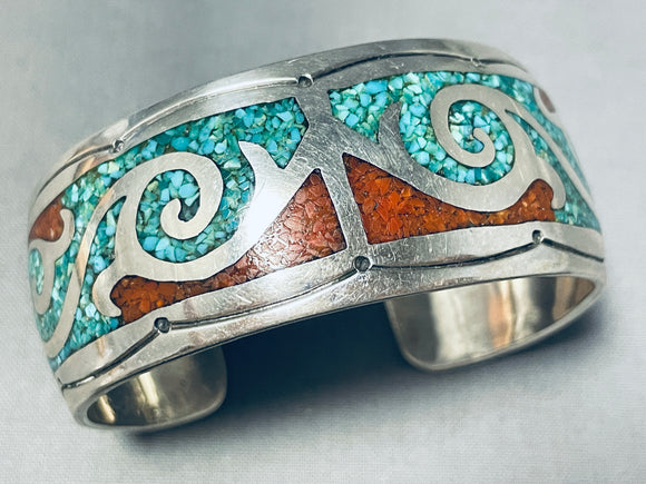 Captivating Vintage Native American Navajo Turquoise & Coral Sterling Silver Bracelet-Nativo Arts