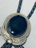 Brilliant Vintage Native American Navajo Onyx Sterling Silver Bolo Tie-Nativo Arts