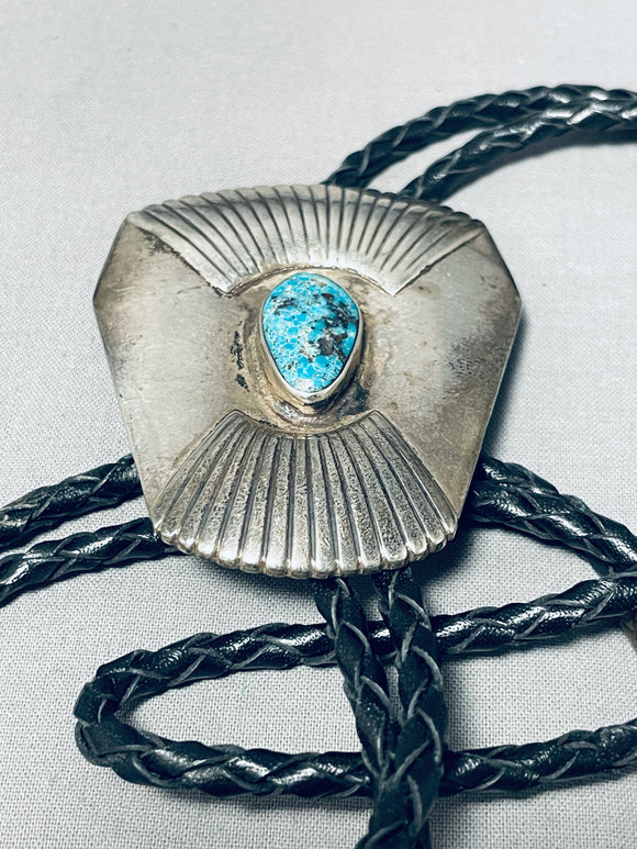 Excellent Vintage Native American Navajo Pilot Mountain Turquoise Sterling Silver Bolo-Nativo Arts