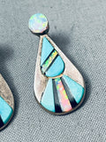 Detailed Vintage Navojo Opal Turquoise Inlay Sterling Silver Earrings-Nativo Arts