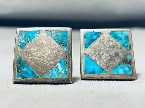 Incredible Vintage Native American Navajo Turquoise Mountain Sterling Silver Cufflinks-Nativo Arts