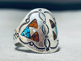 Huge Vintage Navajo Signed Turquoise Coral Chip Inlay Silver Ring-Nativo Arts