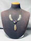 One Of Finest Vintage Native American Navajo Inlay Turquoise Sterling Silver Feather Necklace-Nativo Arts