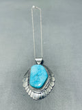 Signed Native American Navajo Old Kingman Turquoise Sterling Silver Necklace-Nativo Arts