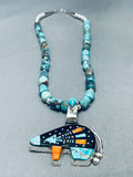 Space Bear Native American Navajo Turquoise Inlay Sterling Silver Necklace-Nativo Arts
