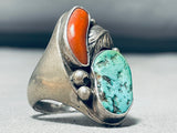 Heavy Mens Vintage Native American Navajo Turquoise Coral Sterling Silver Ring Old-Nativo Arts