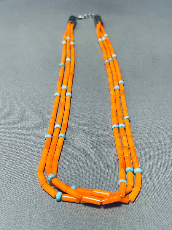 Gorgy!! Native American Navajo Rare Orange Coral Turquoise Sterling Silver Tubes Necklace-Nativo Arts