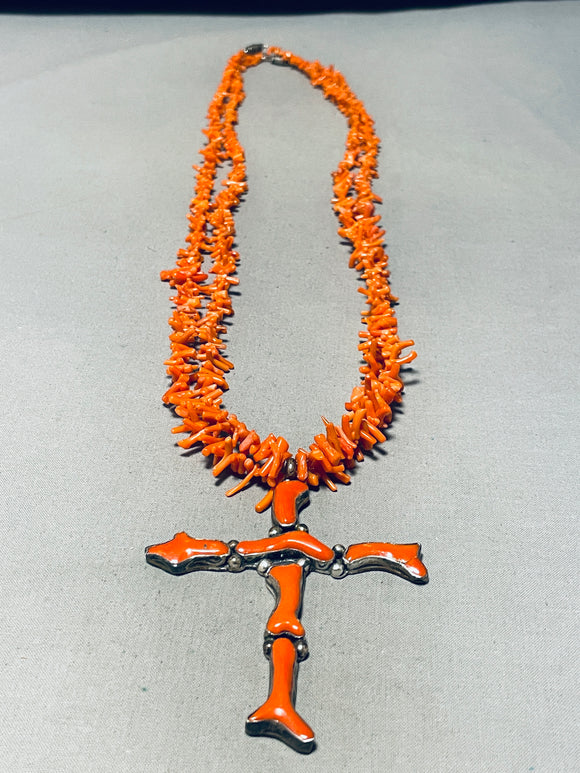 Huge Vintage Navajo Coral Cross Sterling Silver Necklace Old-Nativo Arts